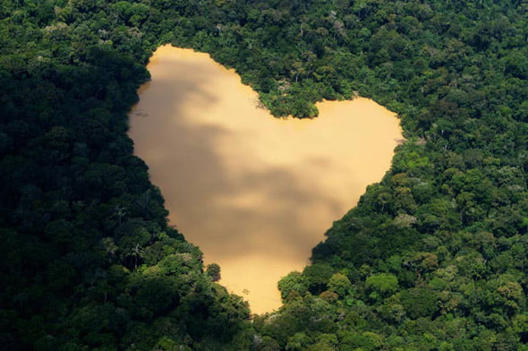 An aerial view of a natural lake fed by a spring in the Amazon River basin